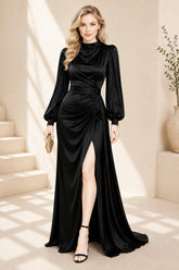 Black High Neck Satin Slit Gown
