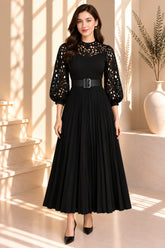 Black Lace Bodice Pleated Midi Dress