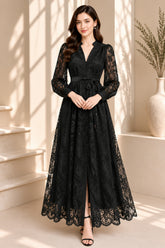 Black Lace Button Front Tie Waist Maxi Dress