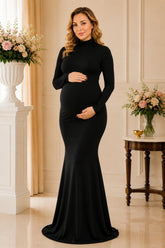 Black Mock Neck Long Sleeve Maternity Maxi Dress
