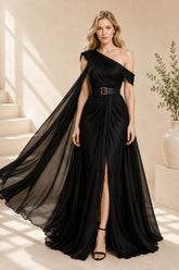 Black One Shoulder Cape Gown