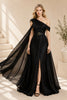 Black One Shoulder Cape Gown