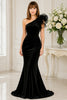 Black One Shoulder Ruffle Evening Gown