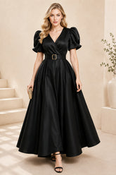 Black Puff Sleeve Belted Ball Gown