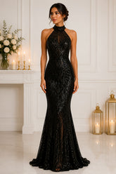 Black Sequin Halter Mermaid Gown