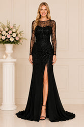 Black Sequin Illusion Sleeve Gown