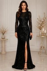 Black Sequin Long Sleeve Evening Gown