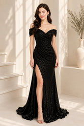 Black Sequin Off-Shoulder Mermaid Evening Gown