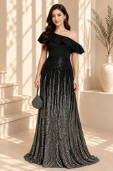 Black Sequin One Shoulder Ruffle Evening Gown