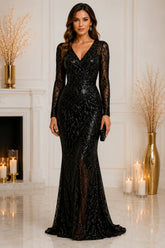 Black Sequin V Neck Evening Gown