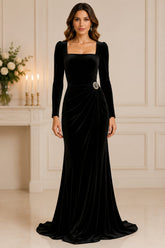 Black Velvet Column Evening Gown