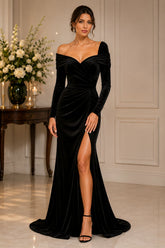 Black Velvet Off Shoulder High Slit Evening Gown