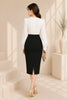 Black & White Wrap Bodice Pencil Midi Dress