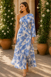 Blue Blossom One-Shoulder Midi Dress