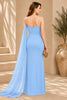Blue Cape Column Evening Gown