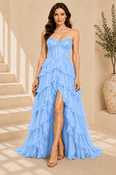 Blue Corset Ruffle High Low Gown