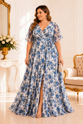 Blue Floral Chiffon Plus Size Maxi Dress