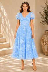 Blue Floral Embroidered Midi Dress