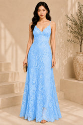 Blue Floral Lace Evening Gown
