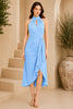 Blue Halter Draped Wrap Midi Dress