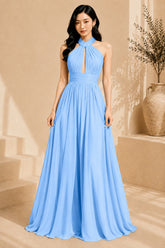 Blue Halter Ruffle Evening Gown