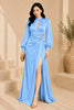 Blue Keyhole Balloon Sleeve Evening Gown