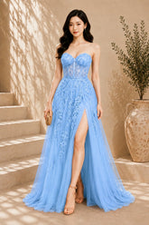 Blue Lace Applique High Slit Tulle Evening Gown