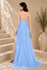 Blue Lace Applique High Slit Tulle Evening Gown