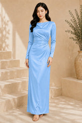 Blue Long Sleeve Satin Gown