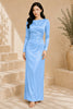 Blue Long Sleeve Satin Gown