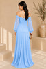 Blue Off Shoulder Ruched High Slit Evening Gown