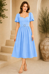 Blue Puff Sleeve Belted Midi Dress