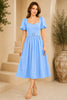 Blue Puff Sleeve Belted Midi Dress