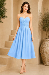 Blue Strapless Ruched Waist Midi Dress