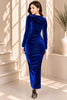 Blue Velvet Ruched Long Sleeve Midi Dress