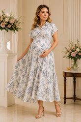 Blue & White Floral Maternity Midi Dress for Everyday Elegance
