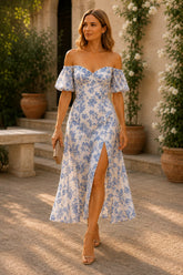 Bluebell Bloom Off-Shoulder Floral Midi Dress