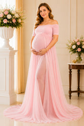 Blush Off Shoulder Tulle Maternity Maxi Gown