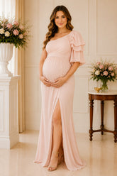 Blush One-Shoulder Ruffle Slit Maxi Gown