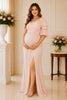 Blush One-Shoulder Ruffle Slit Maxi Gown