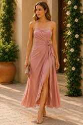 Blush Rose Draped Strapless Midi Dress