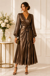 Bronze Radiance Pleated Wrap Midi Dress