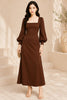 Brown Balloon Sleeve Square Neck Midi Dress