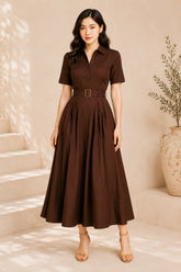 Brown Belted Pleated Shirt Midi Dress