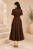 Brown Belted Pleated Shirt Midi Dress
