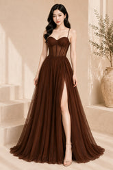 Brown Corset Tulle High Slit Evening Gown