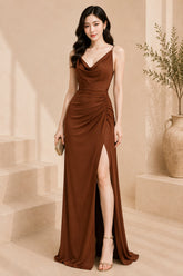 Brown Cowl Neck High Slit Evening Gown