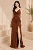 Brown Cowl Neck High Slit Evening Gown