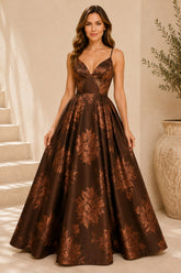 Brown Floral Ball Gown