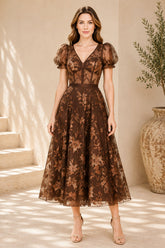 Brown Floral Embroidered Midi Dress